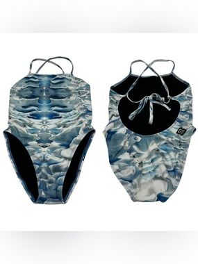 Jolyn Jackson III One-Piece Tie-Back Swimsuit UPF 50+ Size 26 Blue/White